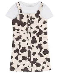 Rare Editions Girls' 2T-6X Cow Print Twill Jumper and T-Shirt, 2-Piece Set