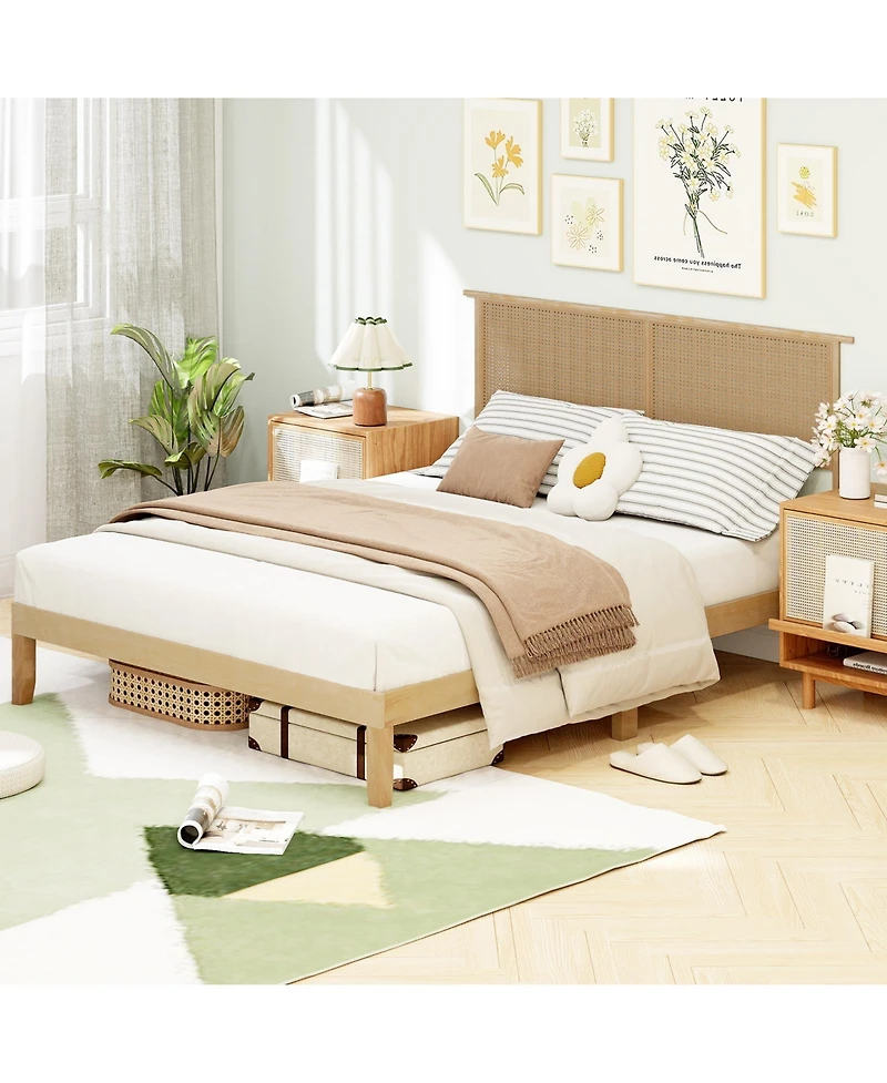 Slickblue Platform Bed Frame with Rattan Headboard and Durable Support