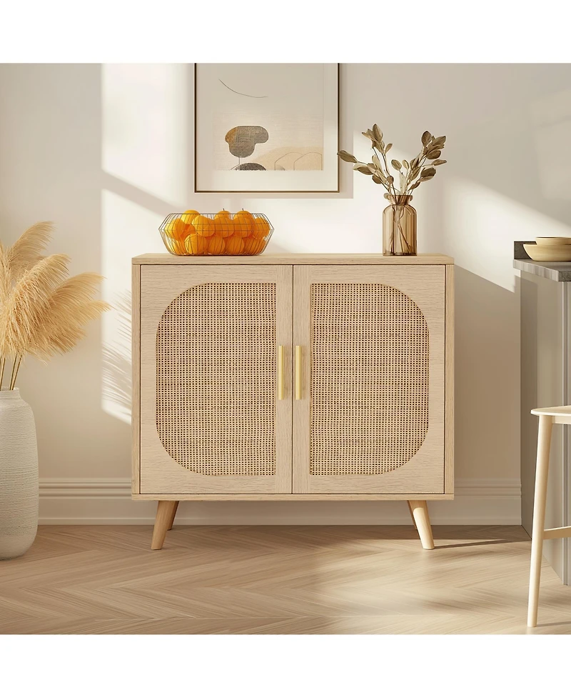 Flynama Farmhouse Buffet Cabinet with Rattan Doors Solid Wood Feet 4 Compartment Storage Cabinet