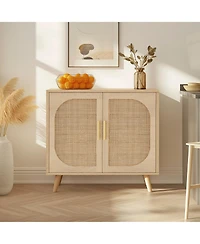 Flynama Farmhouse Buffet Cabinet with Rattan Doors Solid Wood Feet 4 Compartment Storage Cabinet
