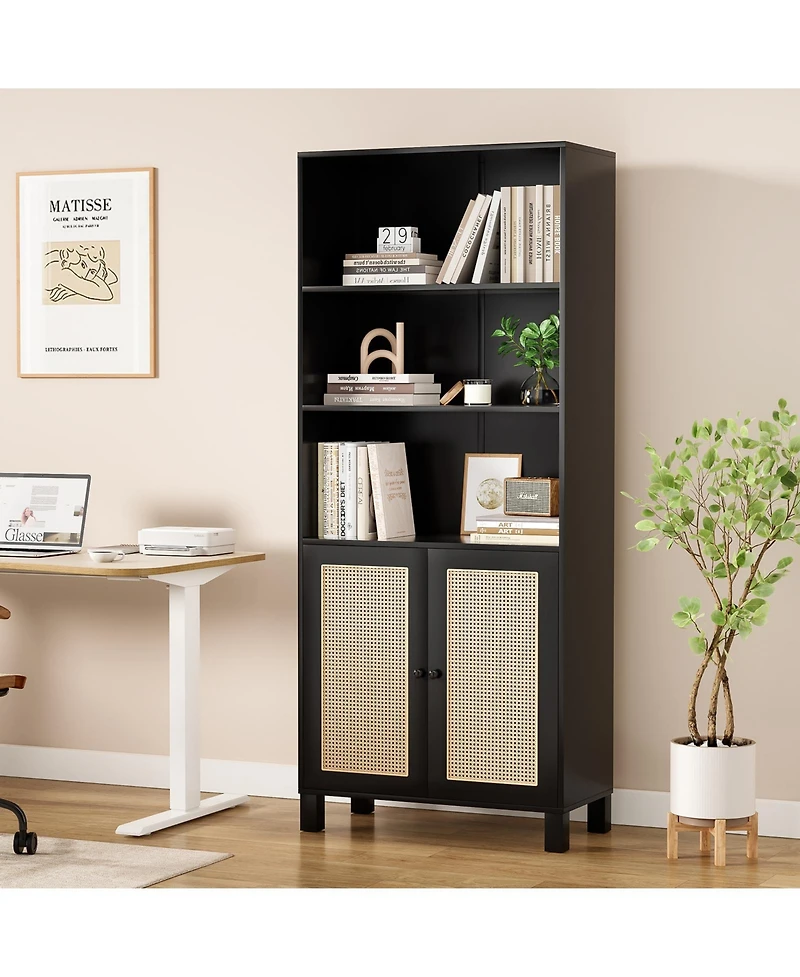 flynama Tall Bookcase with Rattan Doors, 5-Tier Wood Storage Shelf