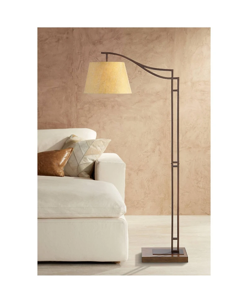 Franklin Iron Works Rustic Farmhouse Arc Floor Lamp with Usb Port 60" Tall Downbridge Faux Leather Empire Shade for Living Room Reading Bedroom