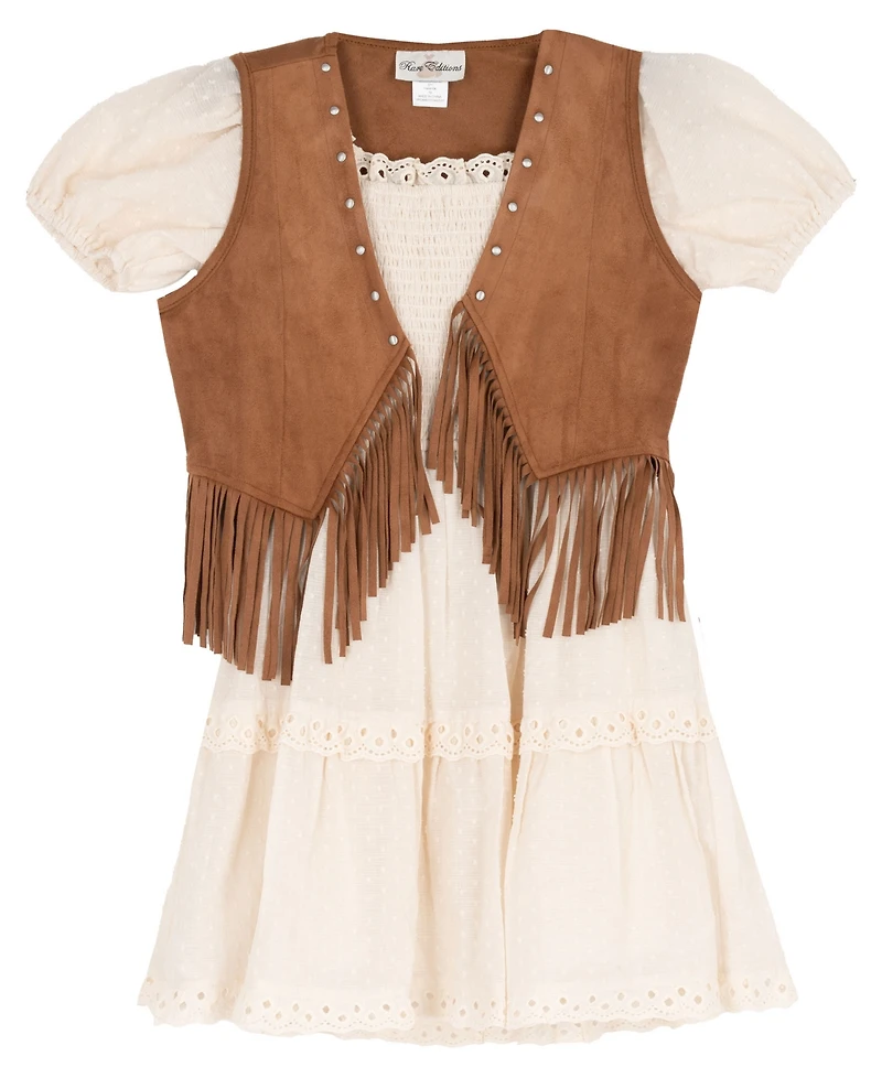 Rare Editions Girls' 7-14 Sleeveless Vest and Clip Dot Cotton Puff Sleeve Dress, 2-Piece Set