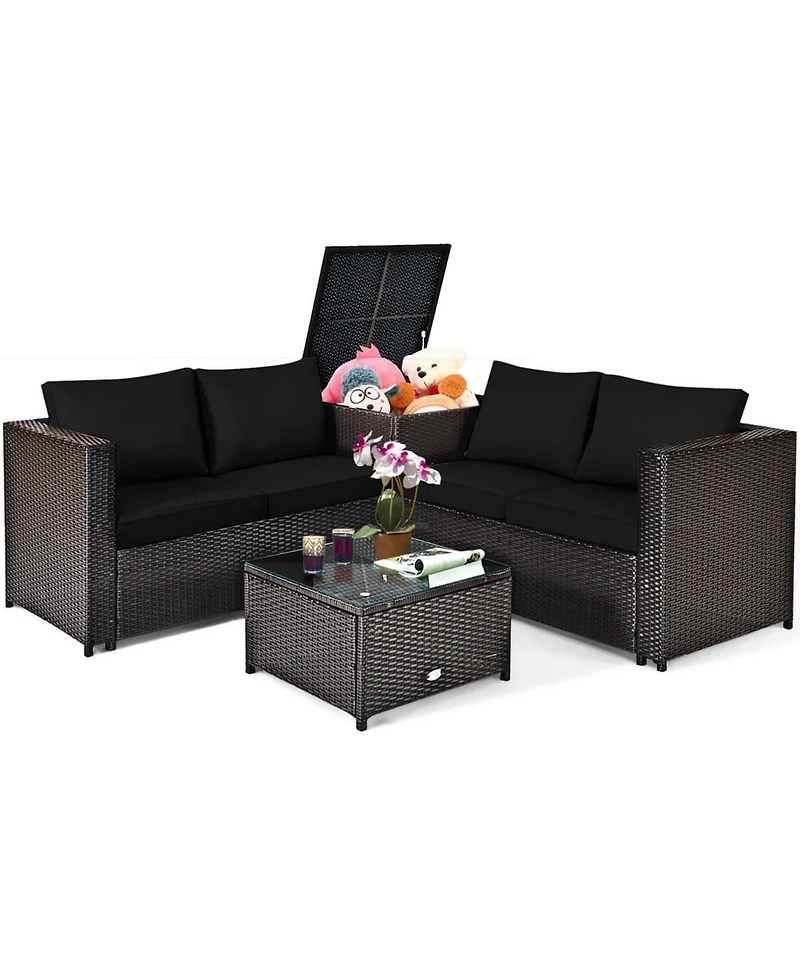 Costway 4 Piece Outdoor Patio Rattan Furniture Set Cushioned Loveseat Storage Table