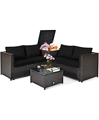 Costway 4 Piece Outdoor Patio Rattan Furniture Set Cushioned Loveseat Storage Table