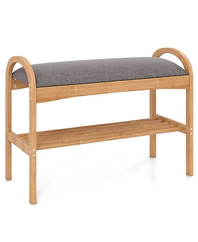 Slickblue Wicker Shoe Bench with Cushion Seat and 2-Level Storage Shelf for Entryway