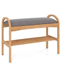 Slickblue Wicker Shoe Bench with Cushion Seat and 2-Level Storage Shelf for Entryway
