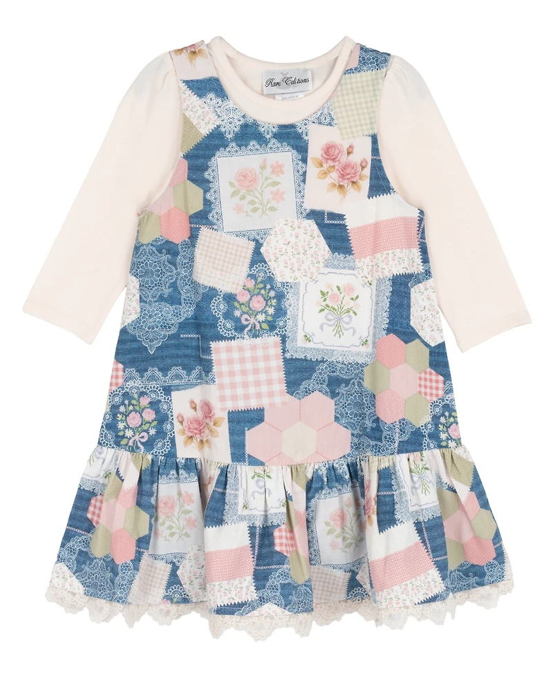Rare Editions Girls' 2T-6X Long-Sleeve knit top and Patchwork Digital Print Jumper, 2-Piece Set