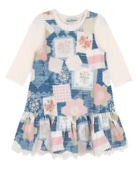 Rare Editions Girls' 2T-6X Long-Sleeve knit top and Patchwork Digital Print Jumper, 2-Piece Set
