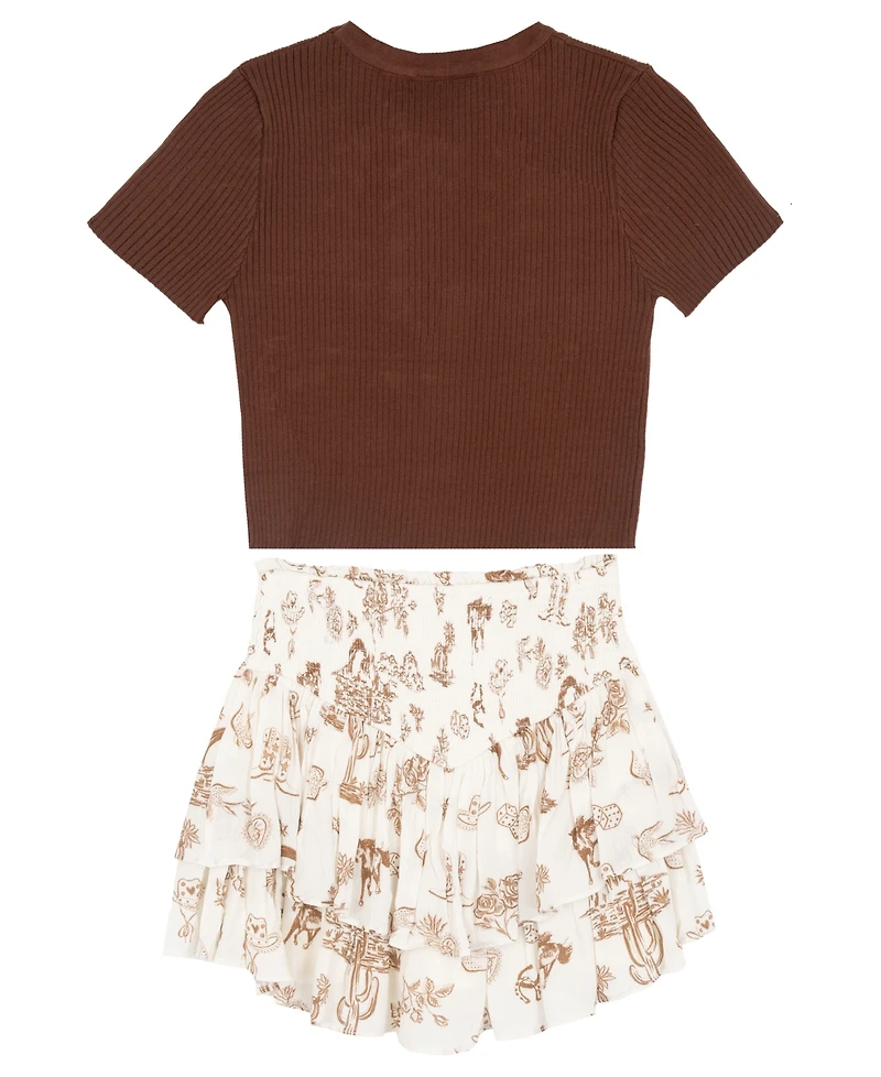 Tween Diva Girls' 7-12 Rib Knit Bow Sweater, Printed Skort and Satin Hair Bow, 3-Piece Set