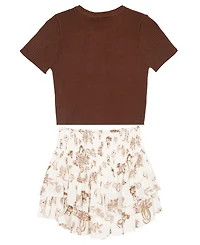 Tween Diva Girls' 7-12 Rib Knit Bow Sweater, Printed Skort and Satin Hair Bow, 3-Piece Set