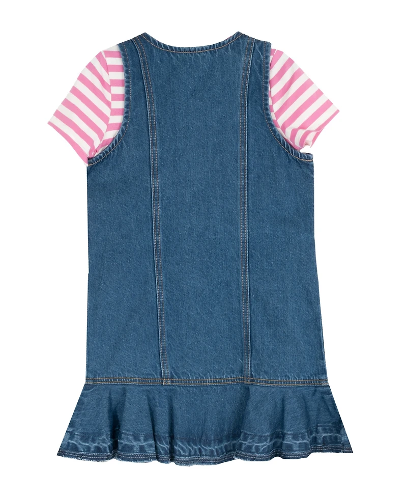 Rare Editions Girls' 2T-6X Striped T-Shirt and Patch Denim Jumper, 2-Piece Set
