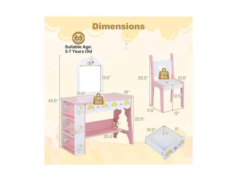 Slickblue Kids Vanity Set Princess Makeup Table with Mirror and Chair for Girls