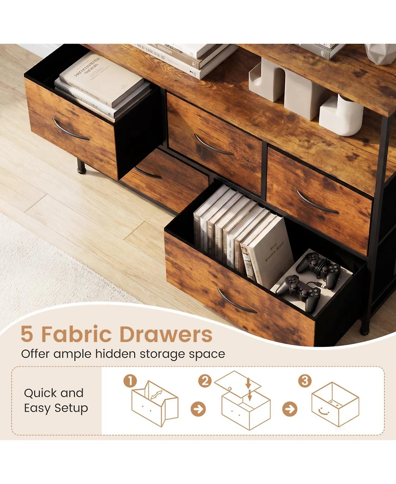 Slickblue Modern Tv Stand Dresser with 5 Fabric Drawer Storage