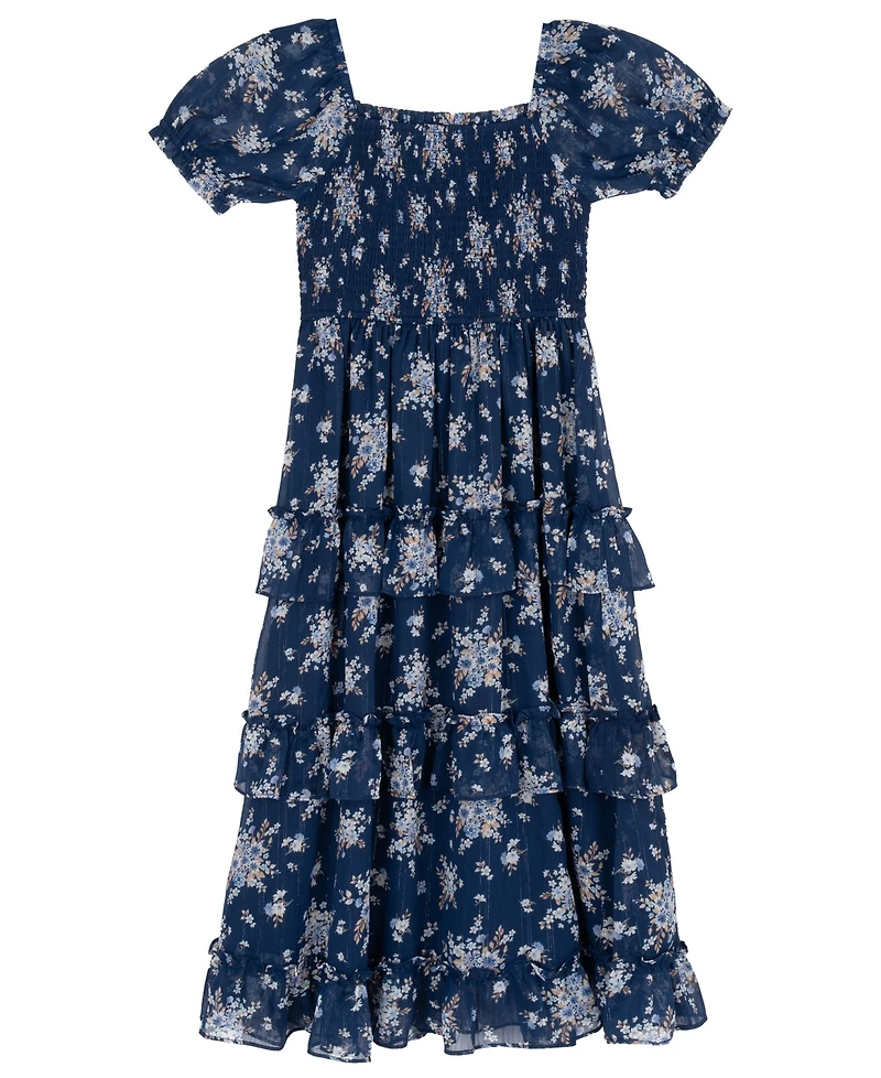 Rare Editions Girls' 7-16 Printed Lurex Chiffon Puff Sleeve Tiered Midi Dress