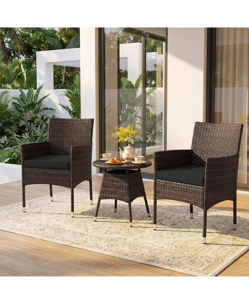 Sugift 3 Piece Patio Furniture Bistro Set for Porch with Woven Rattan Cushions