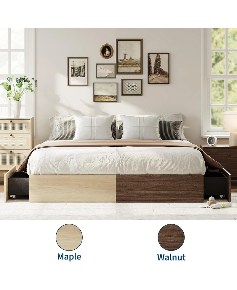 gaomon Wood Platform Bed Frame with 2 Storage Drawers, Wooden Bed Frame Without Headboard, Wood Slat Support, No Box Spring Needed