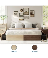 gaomon Wood Platform Bed Frame with 2 Storage Drawers, Wooden Bed Frame Without Headboard, Wood Slat Support, No Box Spring Needed
