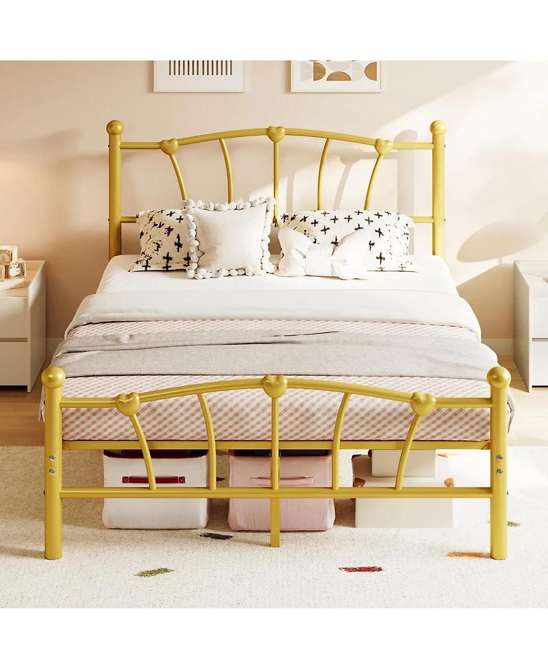 homfan Twin Xl Heart Shaped Bed Frame, Metal Platform Bed with Headboard and Underbed Storage for Bedroom, No Box Spring Needed