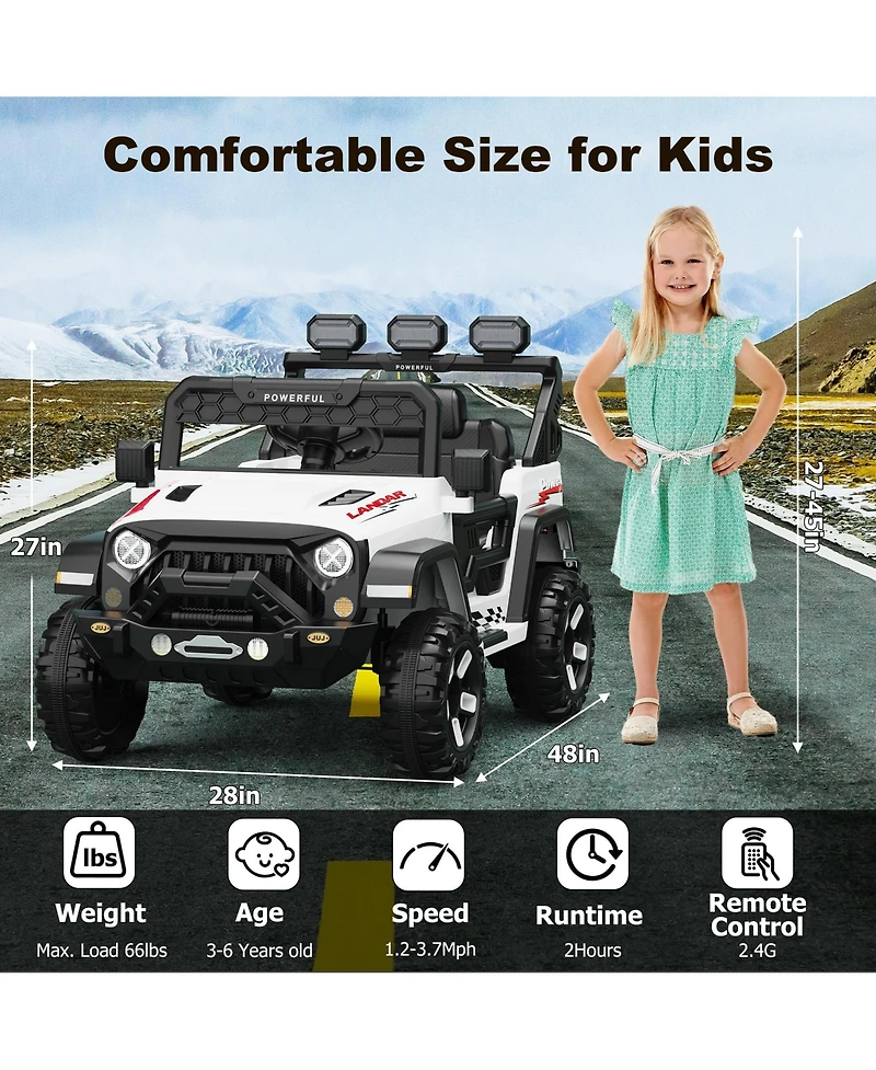 homfan 12V Electric Ride-On Off-Road Vehicle, Parental Remote Control, 3 Speeds, Led Lights, Music, Wireless Connection, Gradual Power-Up
