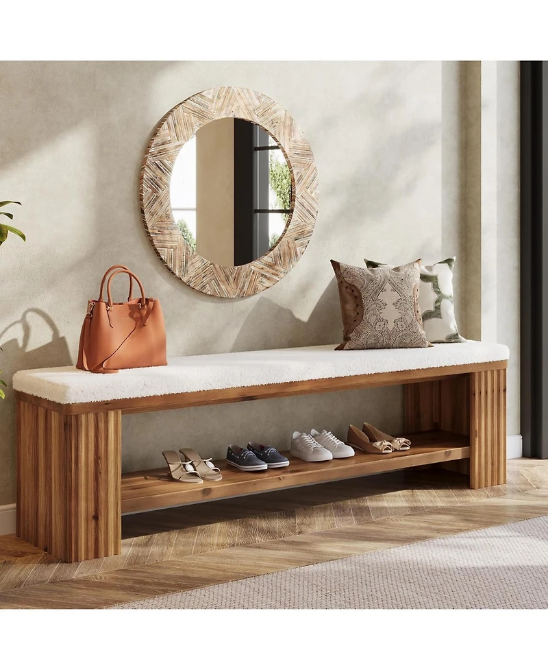 Tribesigns 63" Solid Wood Dining Bench, Farmhouse Upholstered End of Bed Bench with Removable Faux Lambswool Cushion,Indoor Long Entryway Bench