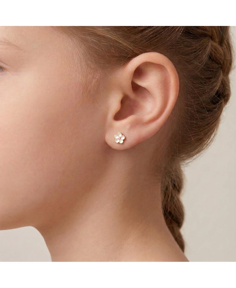 GiGiGirl Sterling Silver 14K Gold Plated with White and Pink Enamel Flower Screw Back Earrings