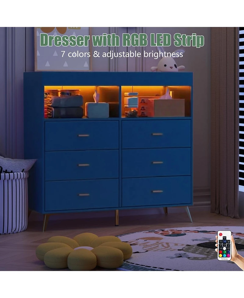 gaomon Baby Changing Table Dresser with 6 Drawers, Led Light, Charging Station and Power Outlet, Nursery Storage Organizer Pad