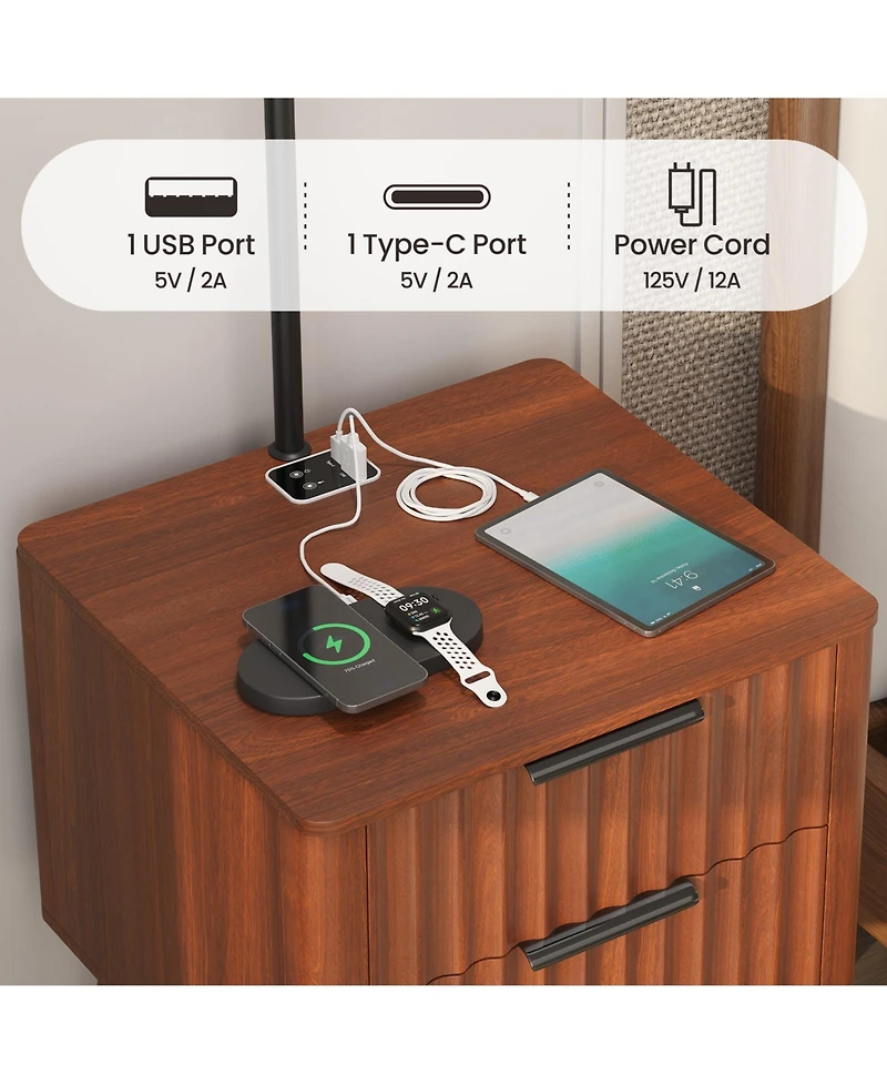 Vlsrka Nightstand with Fisherman s Lamp, Human Sensor Light and Charging Station
