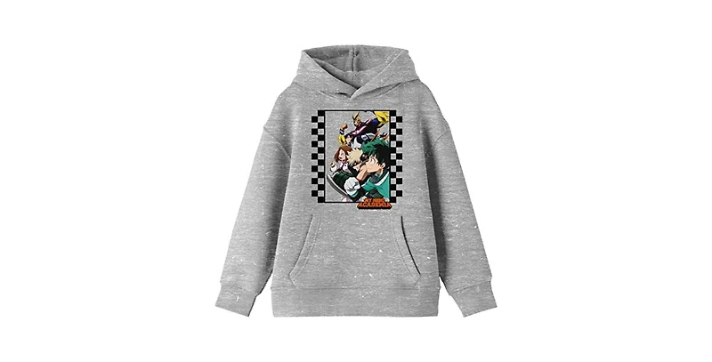 My Hero Academia Boys Group Art Checkered Frame Long Sleeve Athletic Heather Youth Hooded Sweatshirt-xl