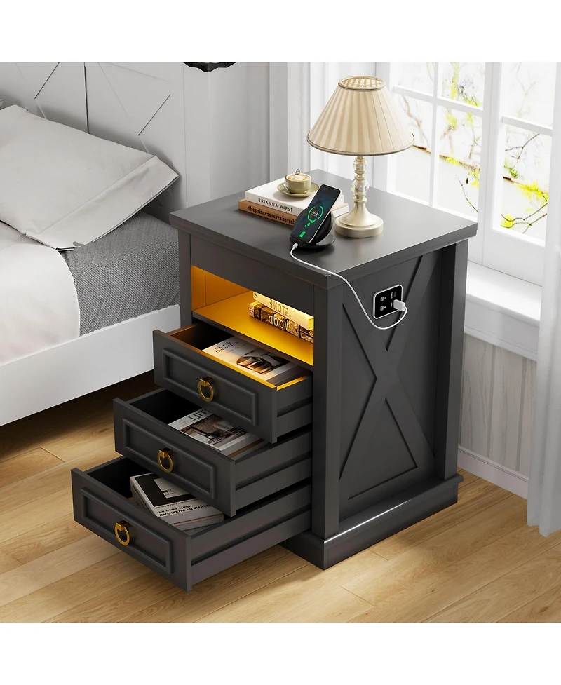 Vlsrka 3-Drawer Nightstand with Hidden Storage, Modern Bedside Table Charging Station and Led Light, Bedroom End Spacious Drawers
