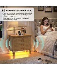 Vlsrka 25.6" Solid Wood Nightstand with 4 Drawers, Charging Station and Led Light