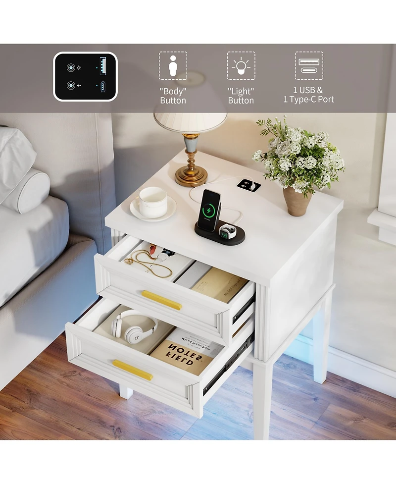 Vlsrka 25.6" H Nightstand with 2 Drawers and Charging Station, Modern Led Bedside Table