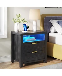 Vlsrka 25.6" Wide 2-Drawer Nightstand with Charging Station, Built-in Outlets and Usb Ports, Led Light Bedside Table, Modern Bedroom End Table