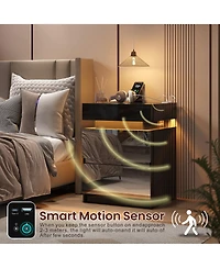 Vlsrka Mirrored Nightstand with 2 Drawers and Motion Sensor Light, Modern Bedside Table