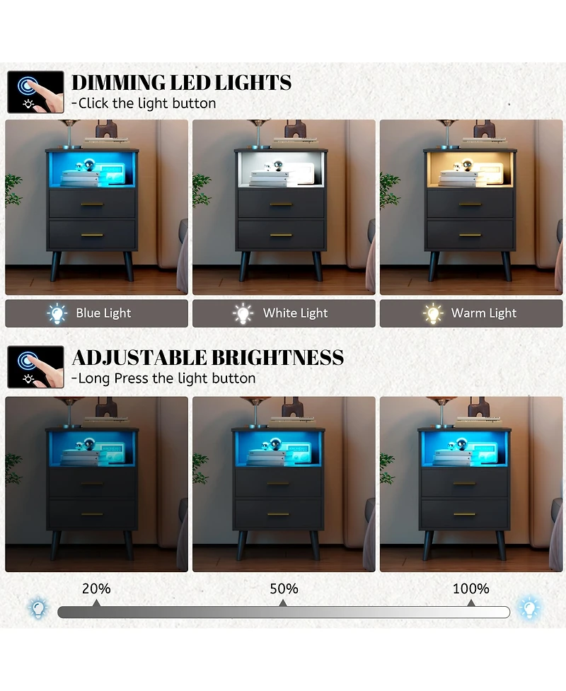 Vlsrka 25.6'' H Nightstand with Hidden Drawer, Charging Station, Usb Ports and Sensor Led Lights, Modern Bedside Table for Bedroom