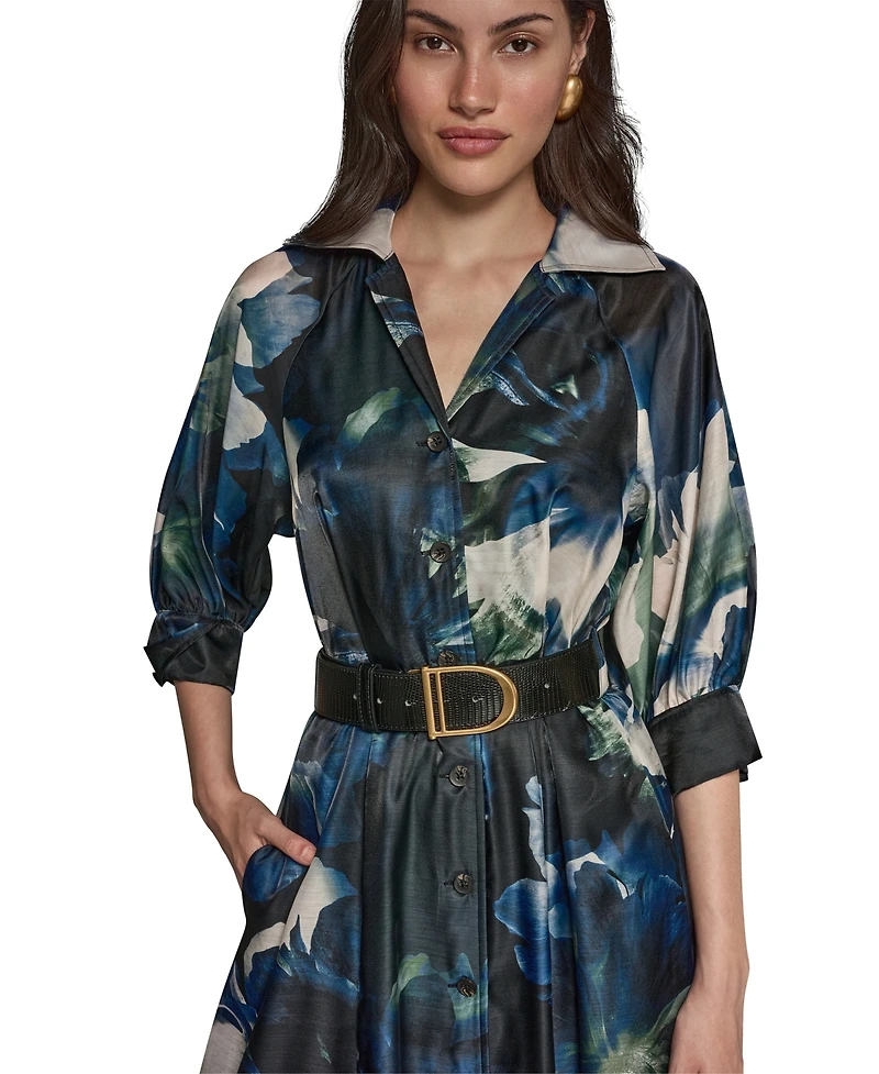 Donna Karan New York Petite Printed Belted Midi Shirt Dress