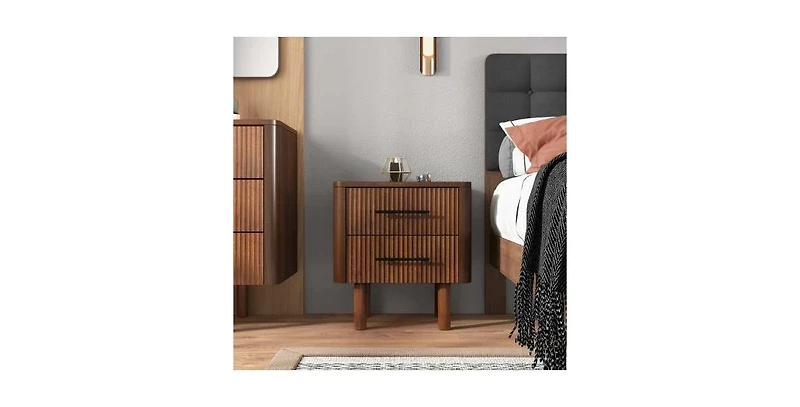 Lucky One Mid Century Solid Wood Walnut Nightstand with 2-Drawer
