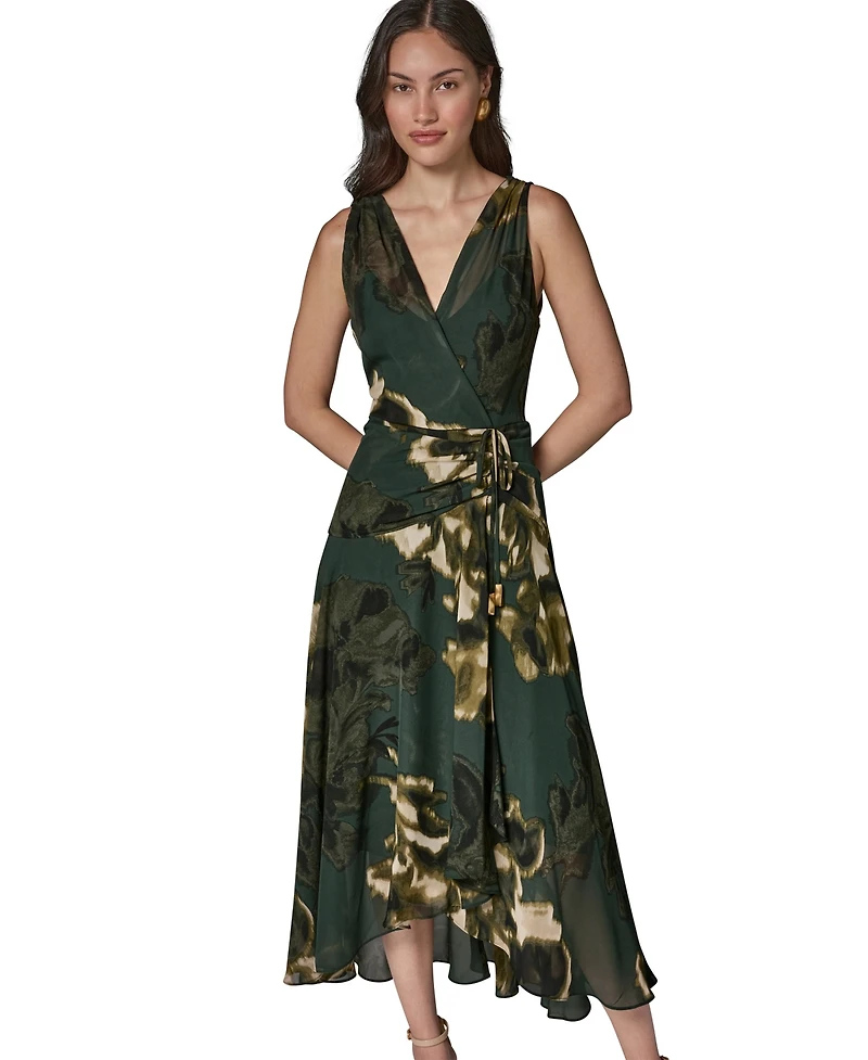 Donna Karan New York Women's Sleeveless Printed Chiffon Surplice Neck Dress