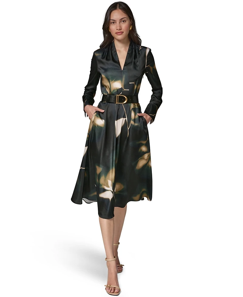 Donna Karan New York Women's Long-Sleeve Printed Charmeuse A-Line Dress With Belt