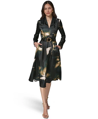Donna Karan New York Women's Long-Sleeve Printed Charmeuse A-Line Dress With Belt