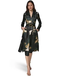 Donna Karan New York Women's Long-Sleeve Printed Charmeuse A-Line Dress With Belt