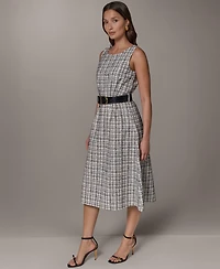 Donna Karan New York Women's Sleeveless Plaid Tweed Belted A-Line Dress