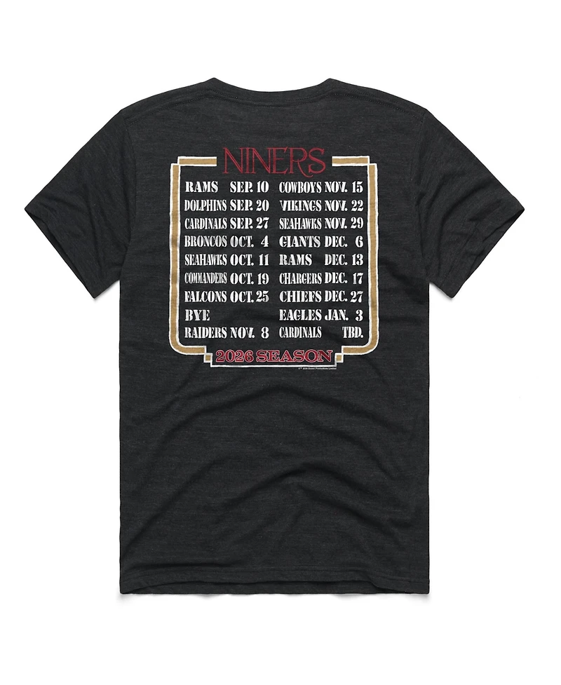 Homage Men's and Women's Charcoal San Francisco 49ers 2026 Nfl Schedule Queen Tri-Blend T-Shirt