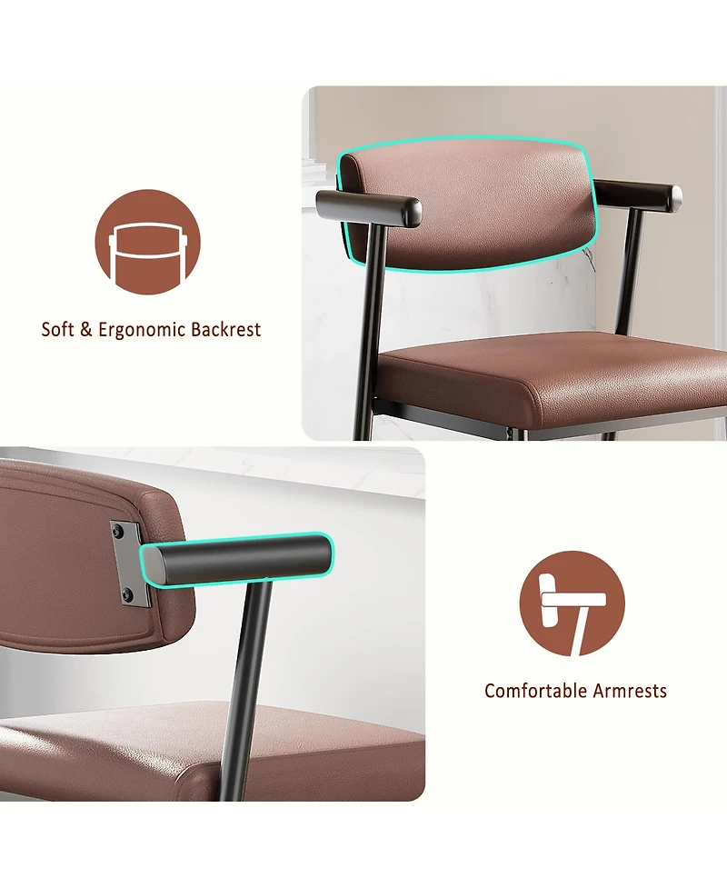 homfan Set of 2 Counter Height Bar Stools, Upholstered Pu Leather Chairs with Back and Armrests, Metal Base, Footrest