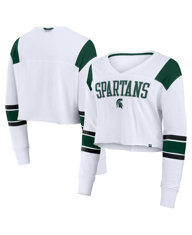 Fanatics Women's White Michigan State Spartans Training Camp Cropped Long Sleeve V-Neck Fashion Top