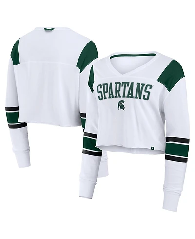Fanatics Women's White Michigan State Spartans Training Camp Cropped Long Sleeve V-Neck Fashion Top