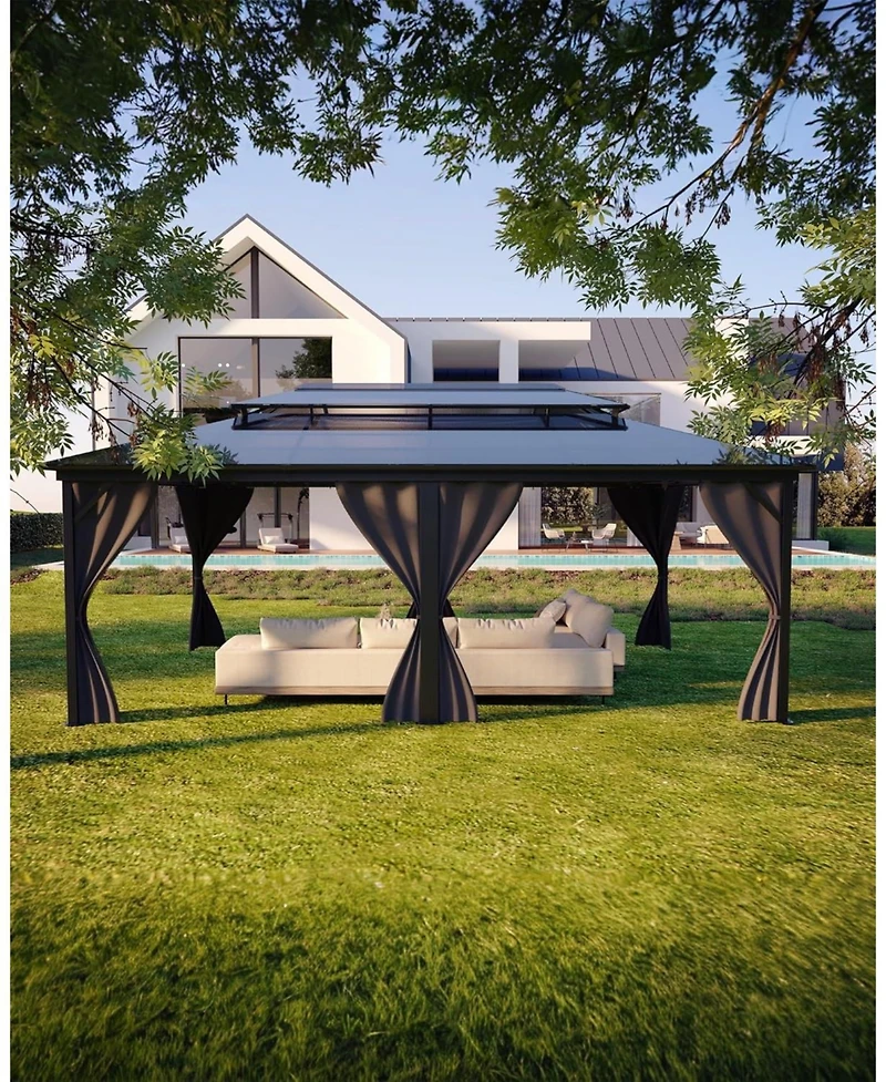 gaomon Hardtop Gazebo 12x20 Feet, with Double Polycarbonate Roof, Aluminum Alloy Frame, Net, and Curtain, Permanent Building of Backyard Luxury