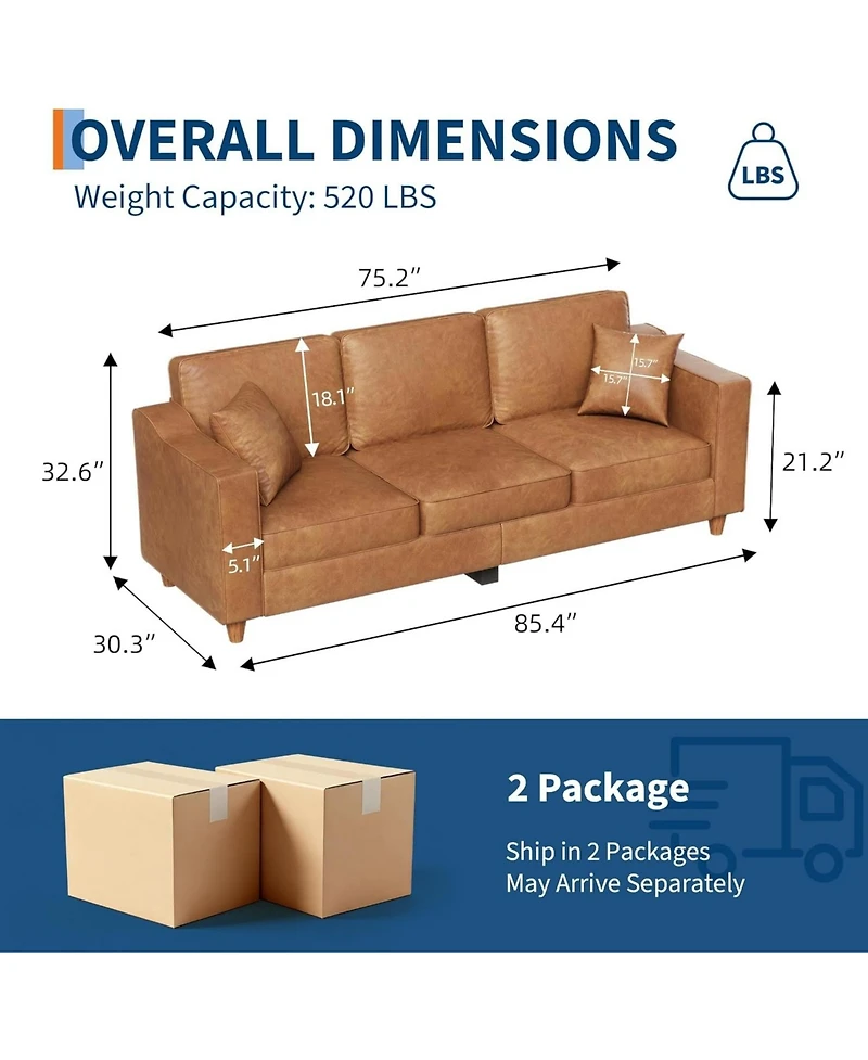 gaomon Faux Leather Sofa, 3-Seater Couch with Pillows