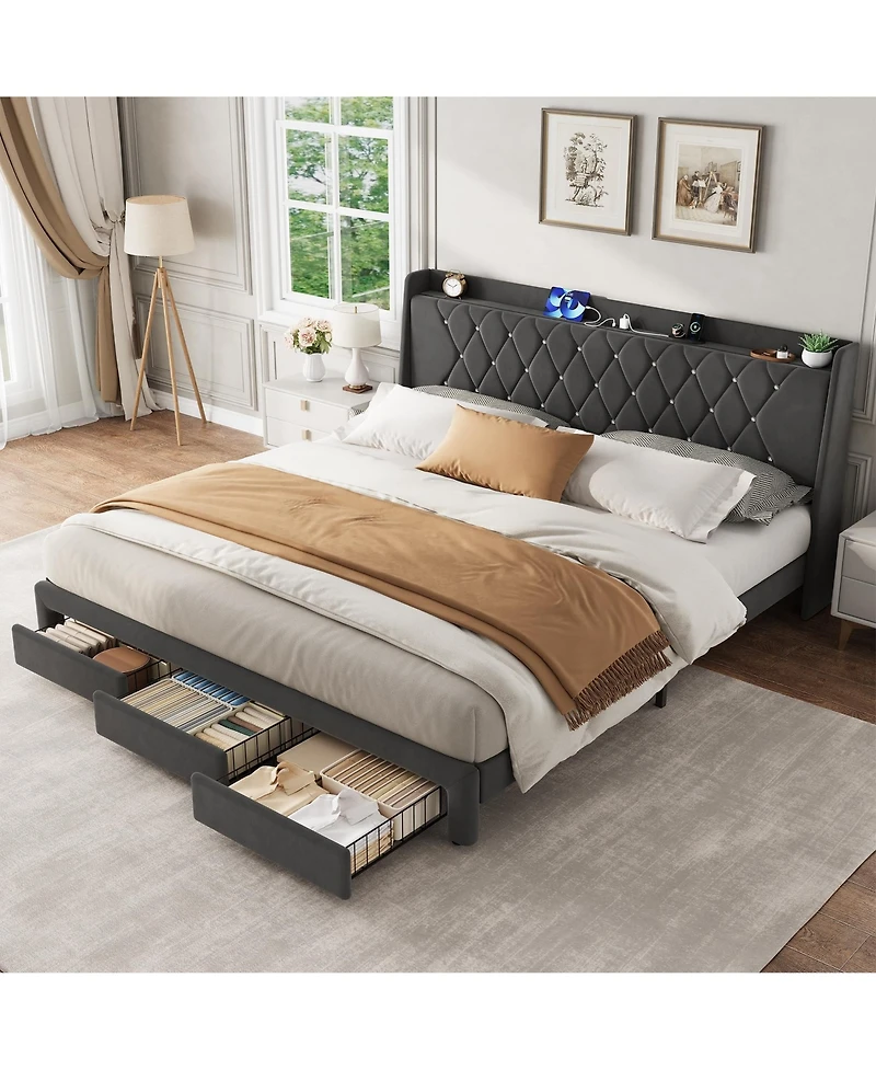 gaomon Velvet Upholstered Platform Bed Frame with Crystal Tufted Headboard, 2 Storage Drawers, Built-in Charging Station, Wood Slat Support