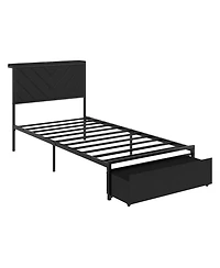 gaomon Set of 2 Twin Upholstered Metal Platform Bed Frame with Charging Station Headboard and Large Under Storage Drawers